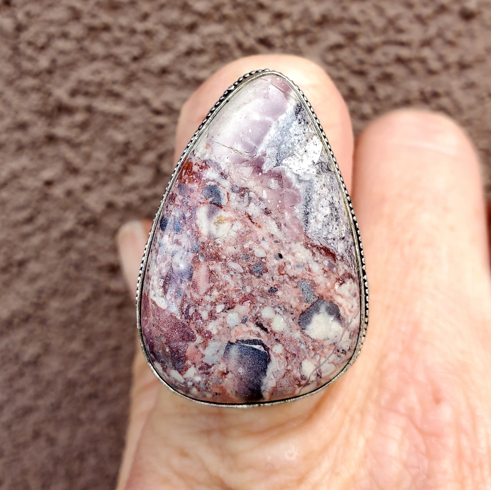New Huge Pink Brecciated Mookaite 925 Silver Ring.